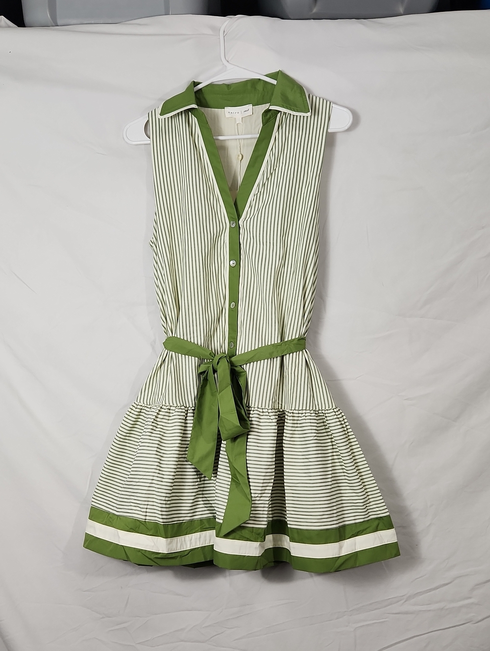 entro Green and Cream Striped button front tie waist , sleeveless mini dress